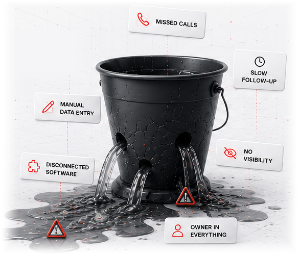 A cracked bucket gushing water from multiple leaks into a puddle, labelled with the operational problems that drain a business: missed calls, slow follow-up, manual data entry, disconnected software, no visibility, owner in everything
