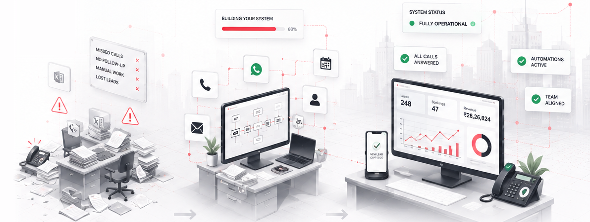 Three desks showing the transformation: Week 1 a chaotic desk with missed-call notices and paper piles, Week 2 a desk building automations at 68% with phone, WhatsApp, calendar and workflow icons, Week 3 a fully operational desk with a live dashboard showing leads, bookings and revenue