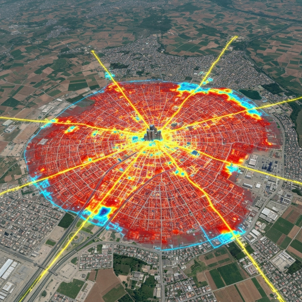 Satellite image of city expansion with AI data overlays